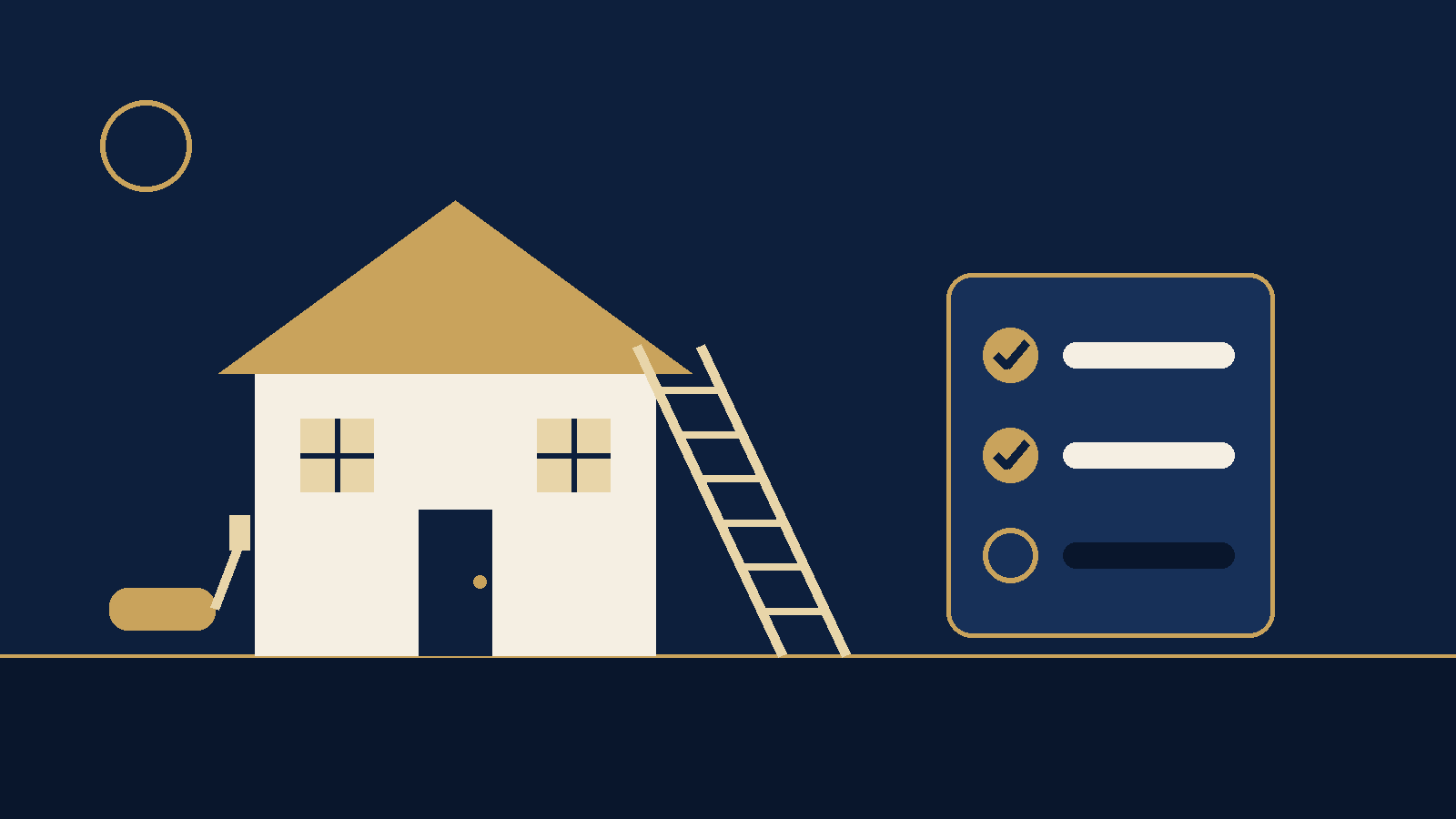Flat illustration of a cream house with a gold roof, a ladder leaning against the facade, a paint roller on the ground, and a repair checklist with two items checked off and one still open