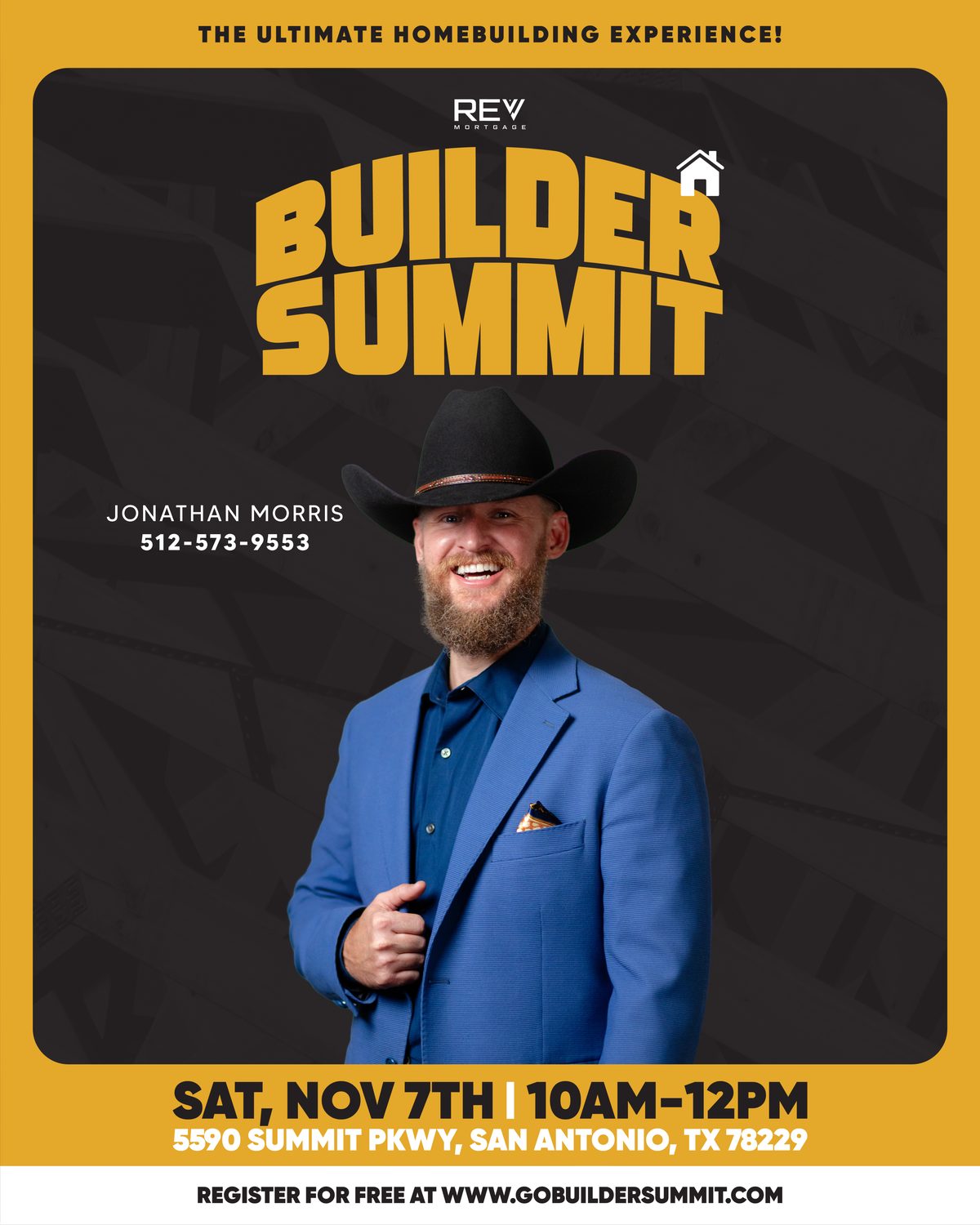 REV Mortgage Builder Summit flyer for November 7, 2026, 10 AM to 12 PM at 5590 Summit Pkwy, San Antonio, TX 78229