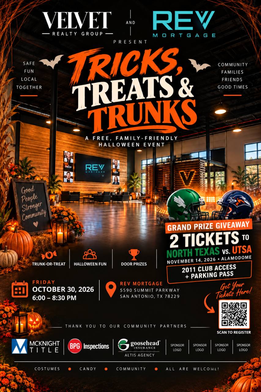 Tricks, Treats and Trunks flyer from Velvet Realty Group and REV Mortgage: a free, family-friendly Halloween event on Friday, October 30, 2026, 6:00 to 8:30 PM at REV Mortgage, 5590 Summit Parkway, San Antonio, TX 78229. The flyer lists trunk-or-treat, Halloween fun, door prizes, a grand prize giveaway of two tickets to North Texas vs. UTSA on November 14, 2026 at the Alamodome, a registration QR code, and community partner logos.
