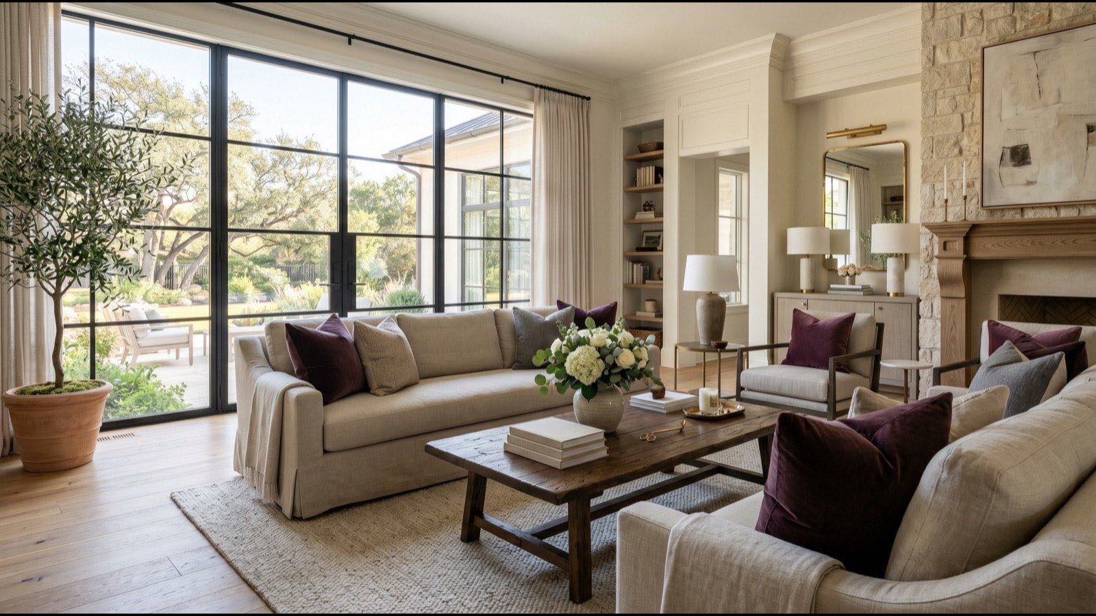 Elegant transitional living room in an upscale San Antonio home for Velvet Realty Group