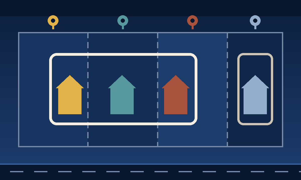 Editorial diagram of four abstract county fields divided by dashed lines, each under its own colored marker pin for its appraisal district, with one bold city outline drawn across the first three fields and a house inside that outline in each of the three, every house tinted to its own county marker, and a fourth field at the right holding a single house under one marker