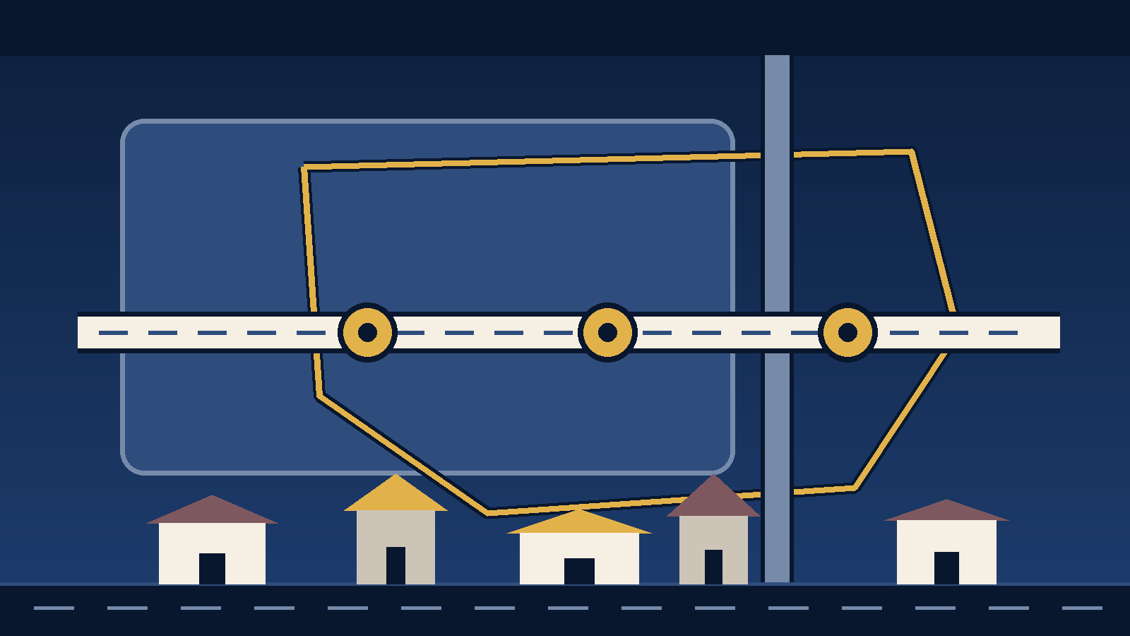 Editorial diagram of a pale mail-delivery block overlapped by a gold city-limits outline that runs off its right edge, a cream surface corridor carrying three ring markers, a grey arterial crossing it, and a row of five houses drawn at five different widths, heights and roof pitches