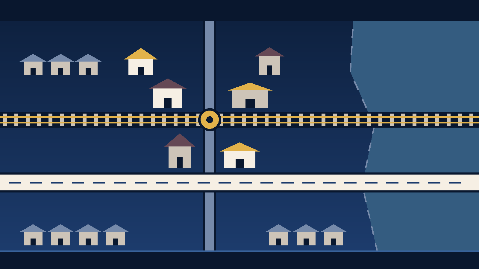 Editorial diagram of a railroad with cross ties running across the middle of the frame, a wide cream road running parallel below it, and a grey street crossing both at a gold ring. Differently shaped houses cluster around the crossing, short rows of identical houses sit toward the edges, and a pale blue floodplain wash fills the right side