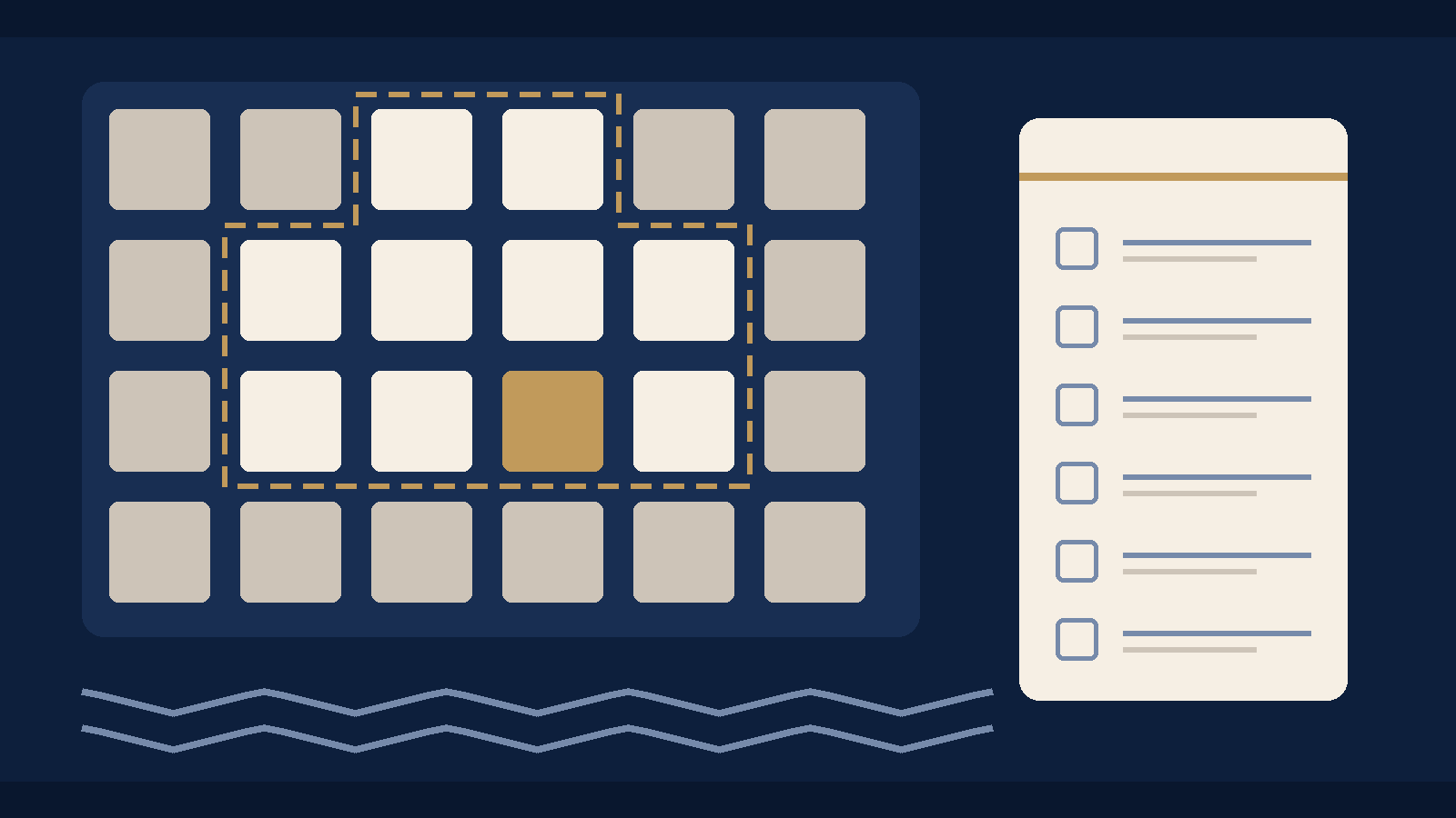 Abstract editorial illustration on a navy background: a grid of cream town blocks with a dashed gold outline around a cluster of them and one block filled in gold, a pair of slate wavy lines along the bottom, and a cream checklist card on the right with six empty boxes. It is not a map and shows no real street, river or boundary.