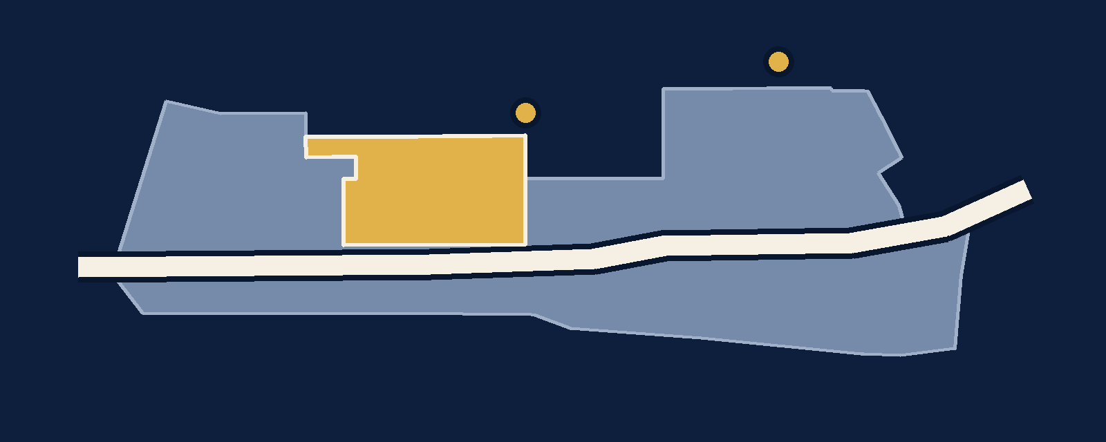 A wide slate blue shape, cut in two by a cream highway band running left to right. In the upper left of the slate shape sits a smaller gold block outlined in cream. Two gold dots sit just above the slate shape, one at the gold block's upper right corner and one farther east