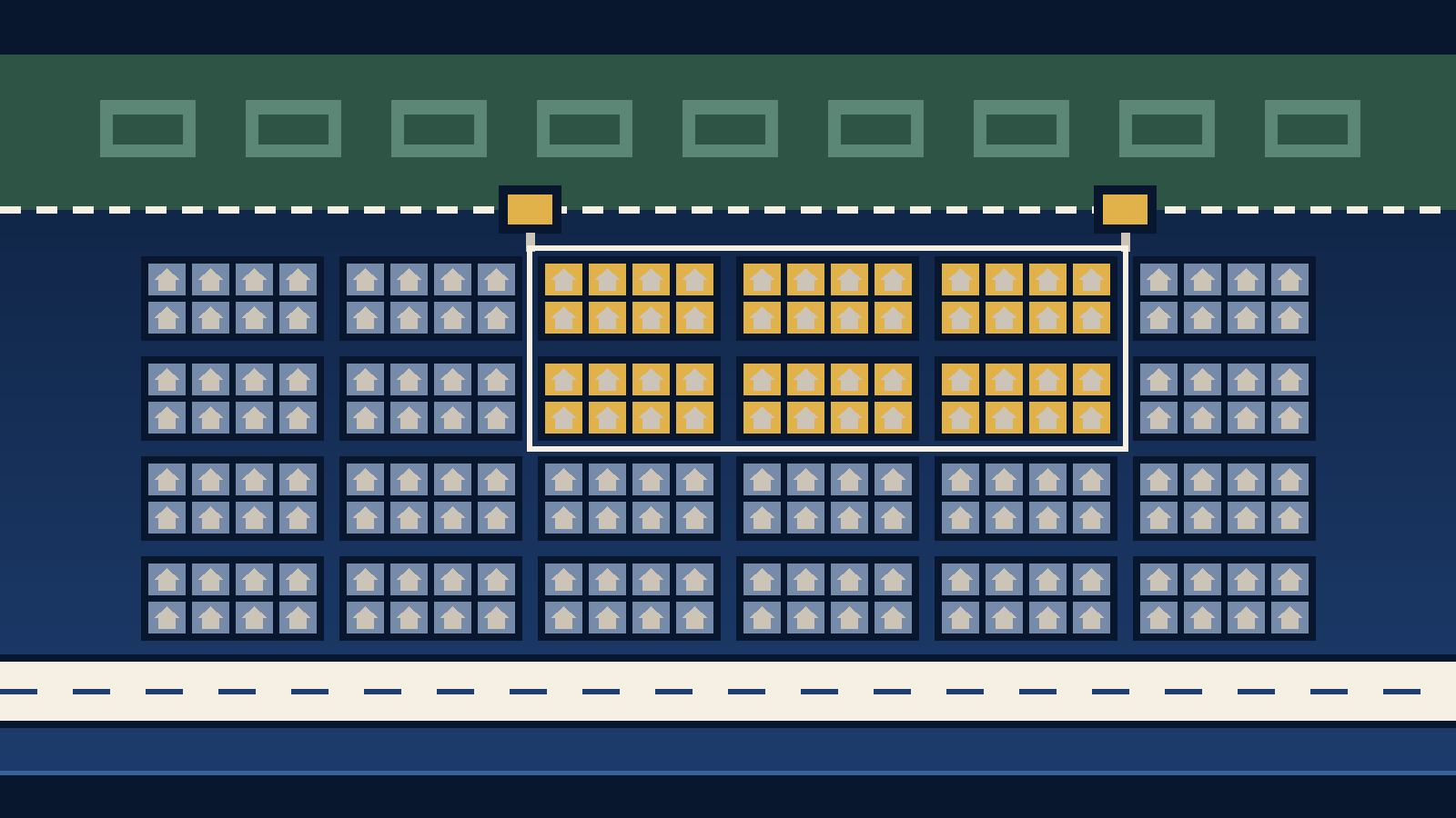 Editorial diagram on a navy field. A dark green band across the top has a row of low building shapes and a dashed cream fence line along its bottom edge, with two gold gate markers on the fence. Below it is a grid of small house shapes on short blocks. Six blocks near the top center are gold inside a cream outline and the rest are slate blue. A cream highway band crosses the bottom
