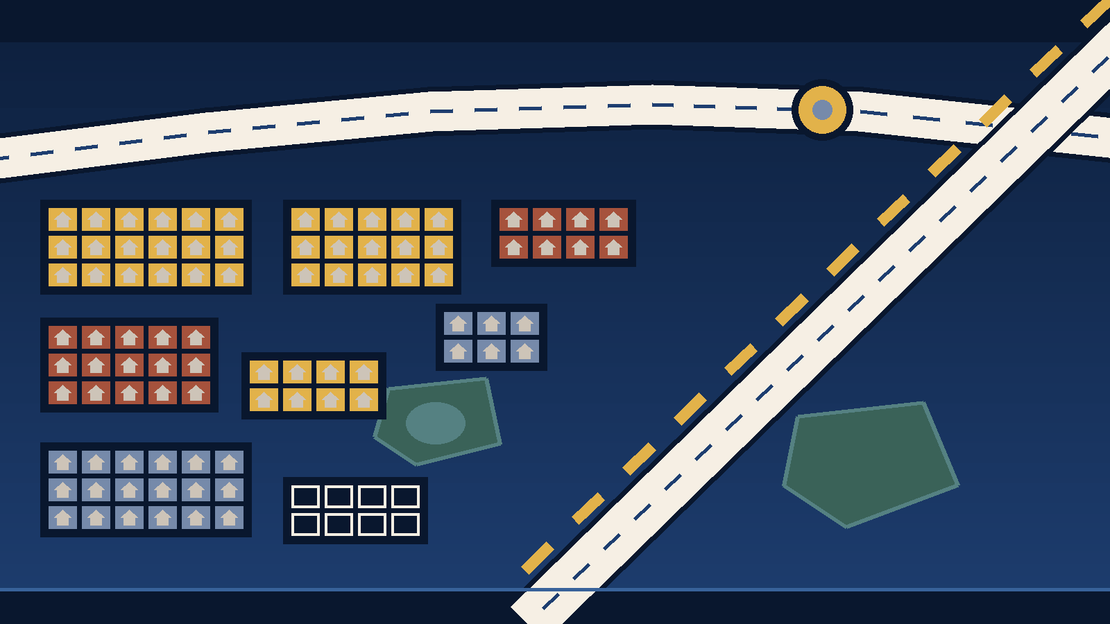 Editorial diagram on a navy field. A wide cream highway band runs diagonally from the upper right to the bottom, with a dashed gold band beside it, and a second cream band sweeps across the top, meeting the diagonal at a gold ring. Blocks of small house shapes fill the left side in gold, terracotta and slate blue, with one block of empty cream outlines, and two green shapes, one holding a small blue lake, sit between them