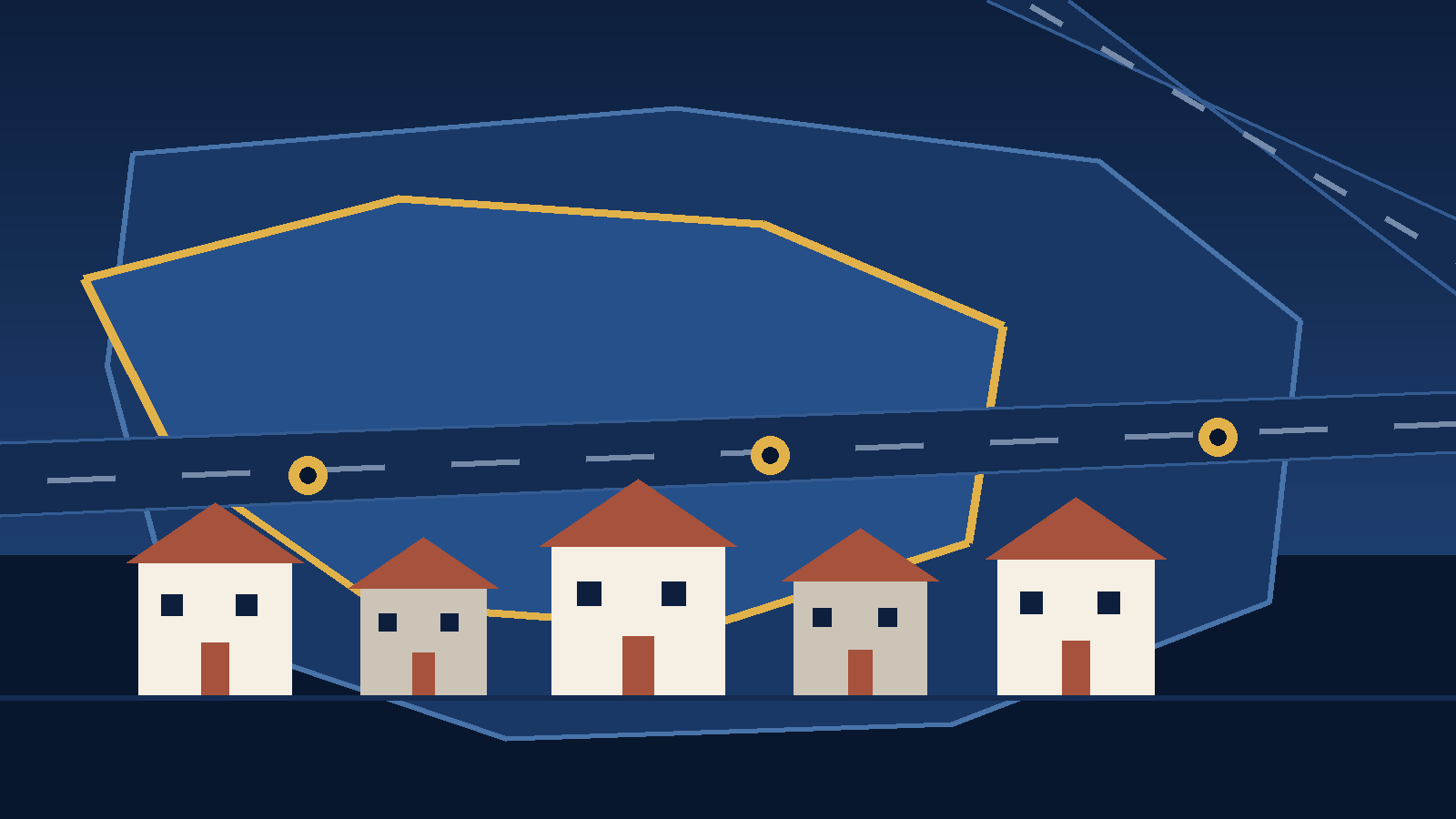 Editorial illustration of a large pale mail-delivery area with a smaller gold city-limits outline offset inside it, a surface road corridor carrying three anchor markers, a limited-access corridor at the upper right, and a row of five houses below