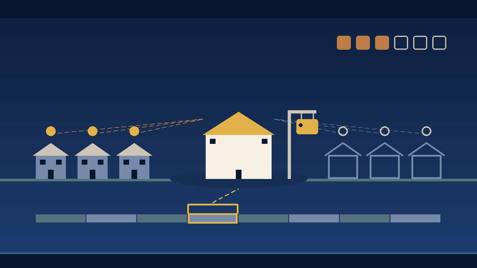 Editorial diagram on a navy field. A cream house with a gold roof stands in the center beside a post holding a blank gold price tag. On the left, three smaller slate houses marked with solid gold discs stand for closed sales; on the right, three outlined houses with hollow discs stand for active listings. Dashed lines run from each to the center house. Along the bottom, a scale of price bands has one band bracketed in gold, and across the top right, three of six squares are filled