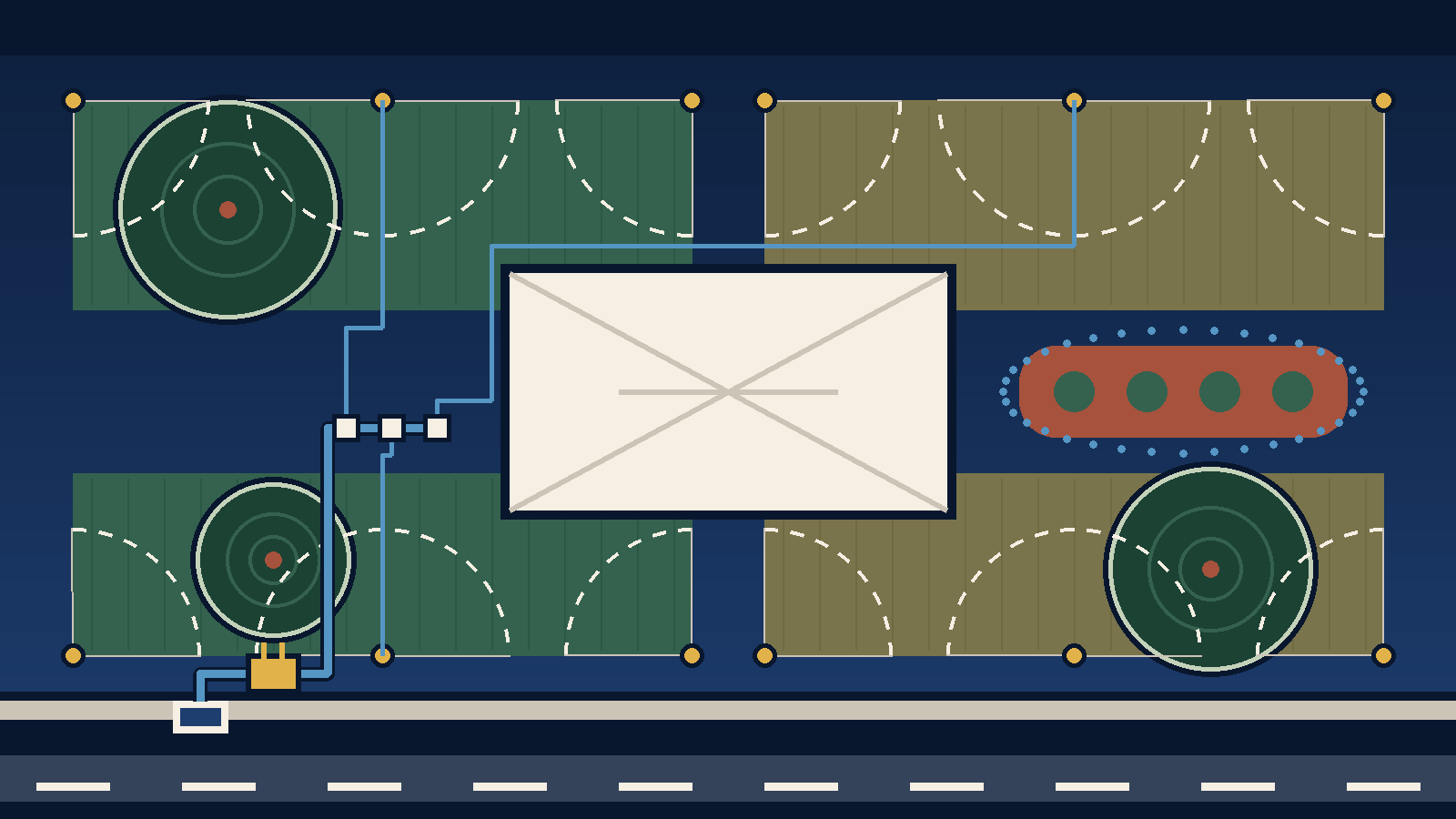 Editorial diagram of a yard seen from above: a cream house footprint between green and dry khaki lawn panels, gold sprinkler heads throwing dashed spray arcs, three large oak canopies, a terracotta flower bed ringed by a dotted drip line, and a blue supply line running from a meter box at the street through a gold backflow device to three zone valves.