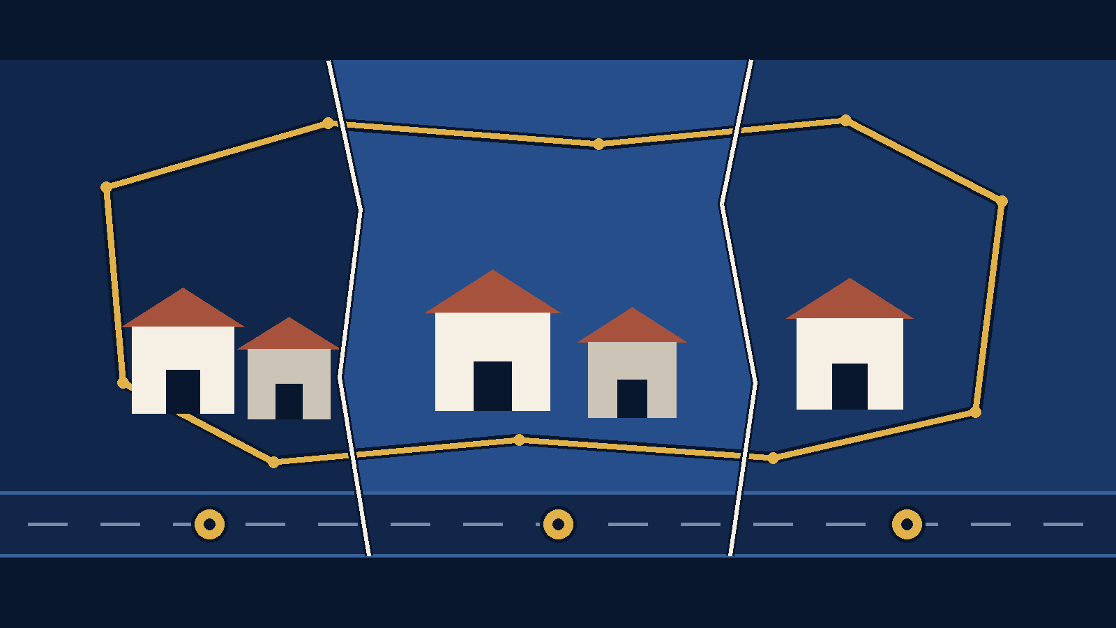 Editorial illustration of three differently shaded fields separated by two pale vertical county lines, with a single gold municipal outline crossing both lines and five houses of varying sizes spread across all three fields, above a road corridor carrying three anchor markers