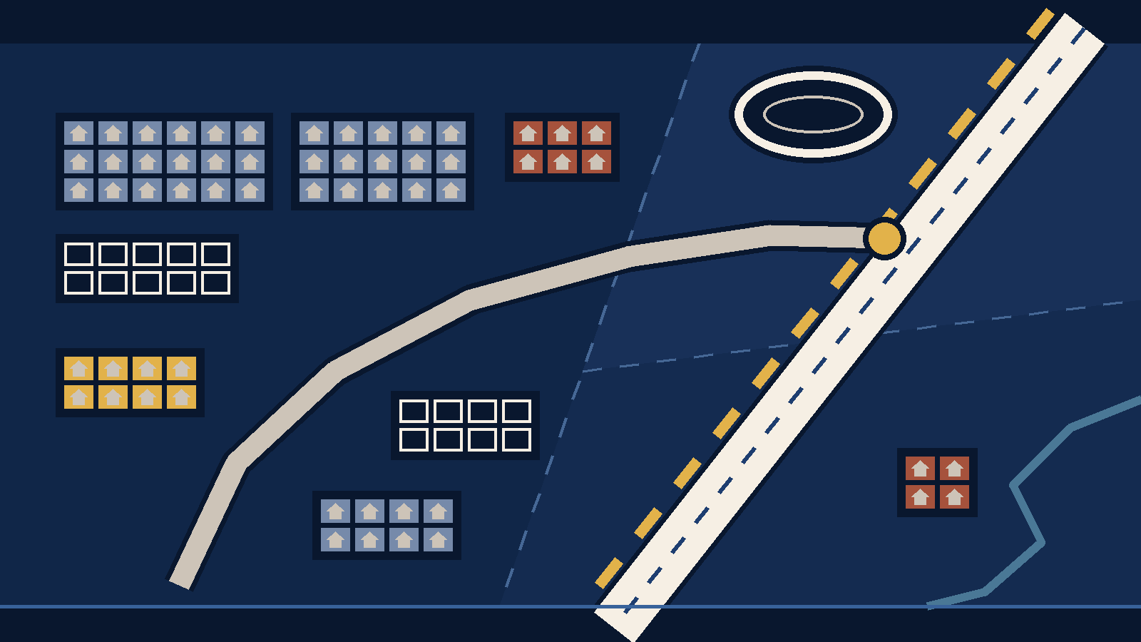 Editorial diagram on a navy field split into three tinted zones. A wide cream highway band runs diagonally with a dashed gold band beside it, a curving road meets it at a gold dot, and blocks of small house shapes, a racetrack oval and a blue creek line sit around them.