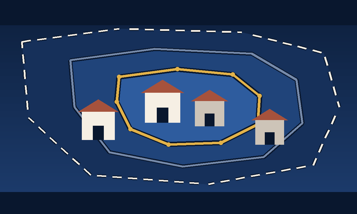 Nested-region diagram with a dashed statewide outline, a solid slate county ring inside it,