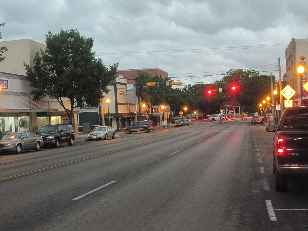 Downtown New Braunfels street scene with historic storefronts