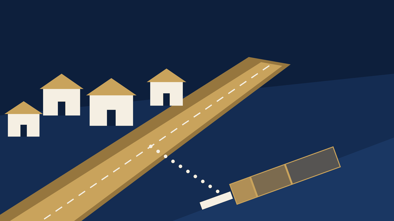 Editorial illustration of homes along a road corridor with a route leading to a runway and three nested zone bands of decreasing intensity